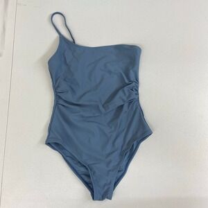 SHEIN girl's blue one shoulder ruched stretch one piece swim bathing suit modest